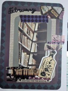 Single journal page with a central picture of a library bookshelf with a ladder and decorated with washi tape and stickers